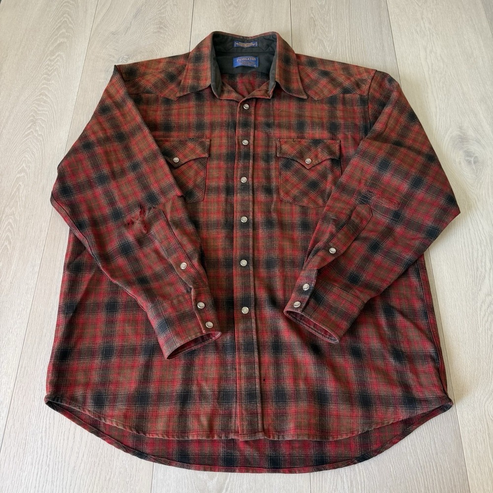 Pendleton High Grade Western Wear Mens L Wool Pearl Snap Plaid L/S Shirt